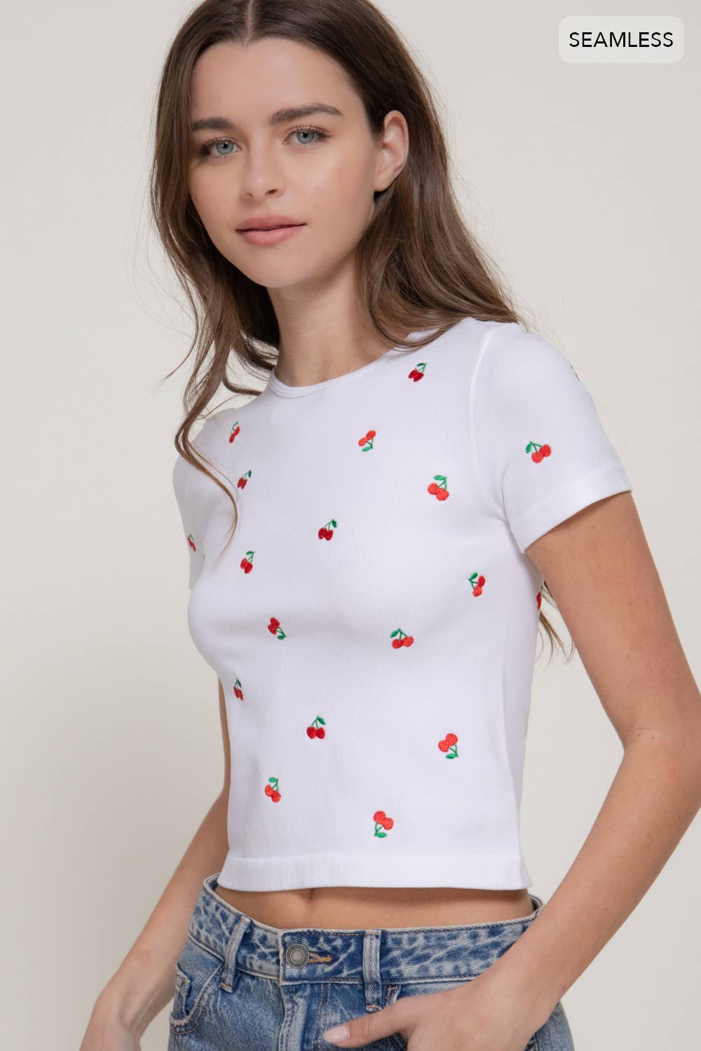Active USA - Women's Short Sleeve Crew Neck Cherry Embroidery Detail Seamless Top - T15245