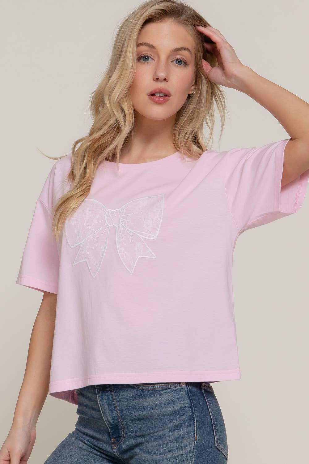 Active USA - Women's Short Sleeve Crew Neck Lace Patch Oversize Cotton Jersey Top - T14465