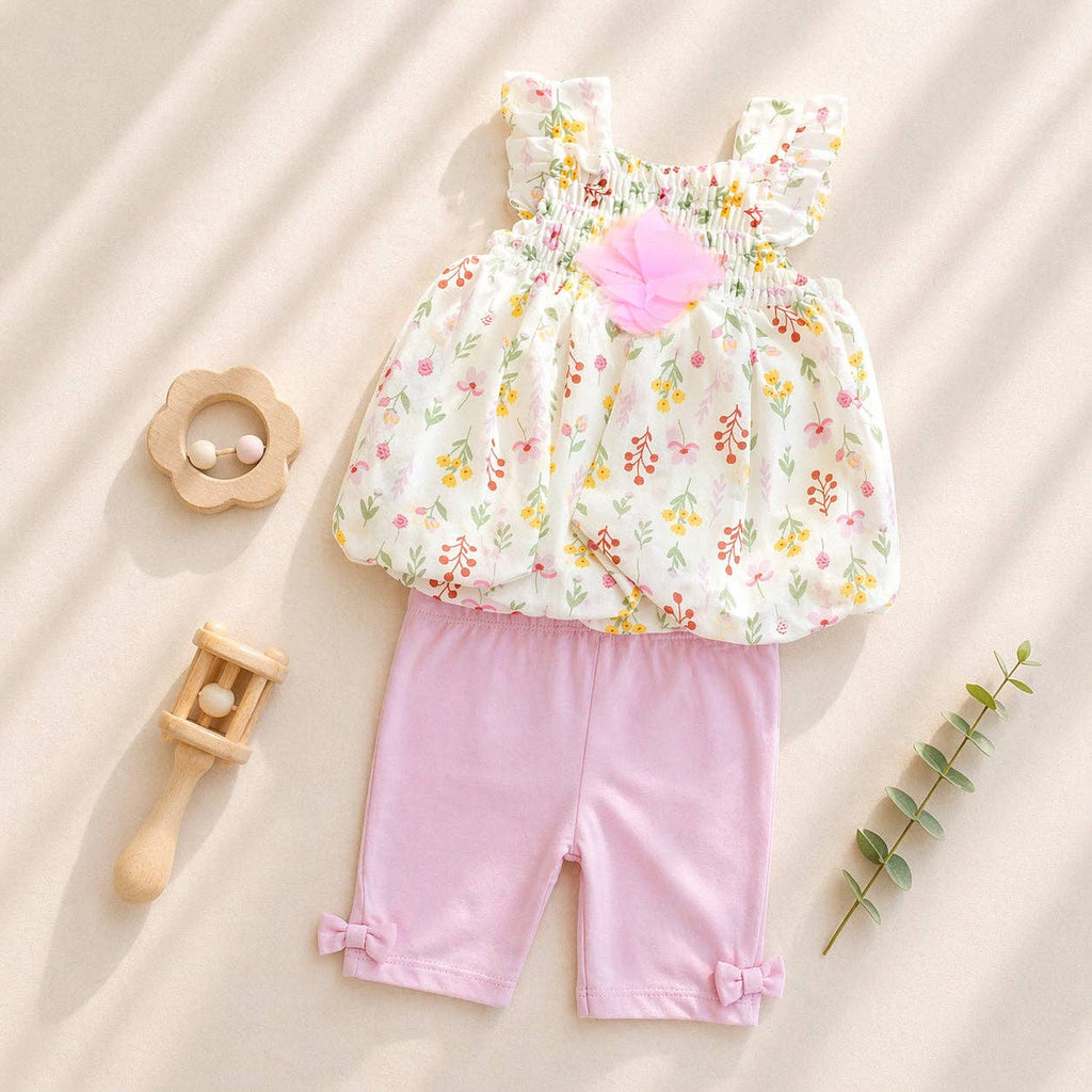 Conjunto de 2 piezas de blusa y leggings de gasa floral para bebé - B047G205