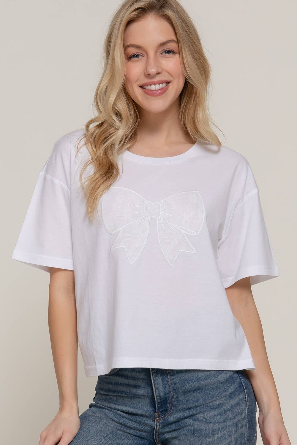 Active USA - Women's Short Sleeve Crew Neck Lace Patch Oversize Cotton Jersey Top - T14465