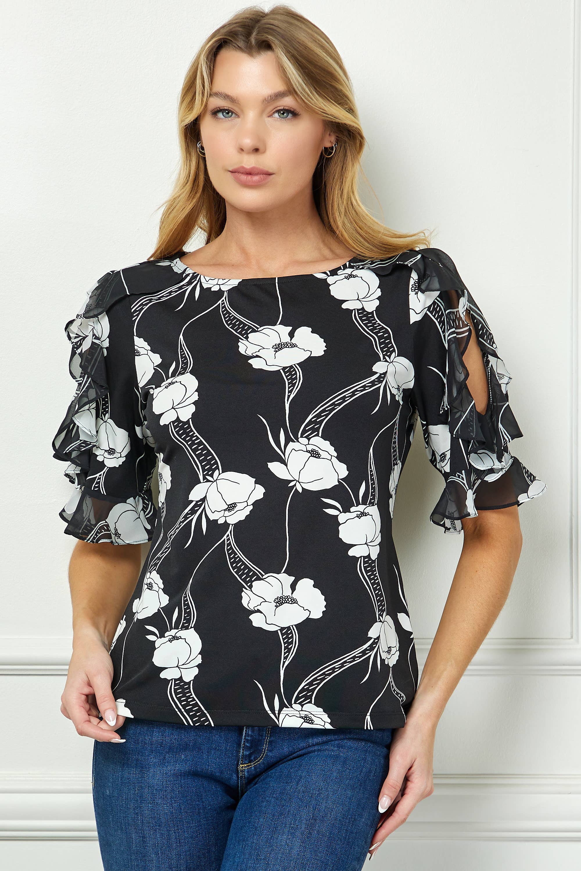 Winslow Collection - Women’s Mono Bloom Cold Shoulder Boatneck Ruffle Blouse - G523101L46