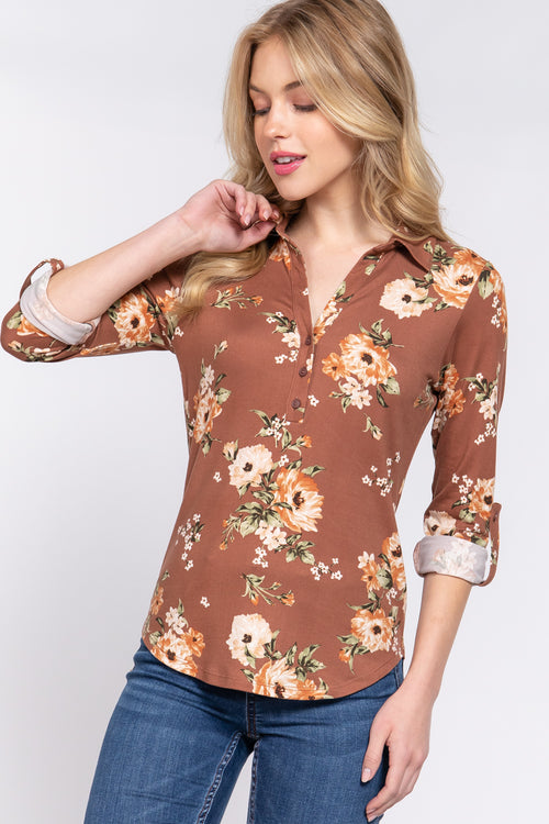 Active USA - 3/4 Roll Up Slv Notched Print Knit Top - T13625