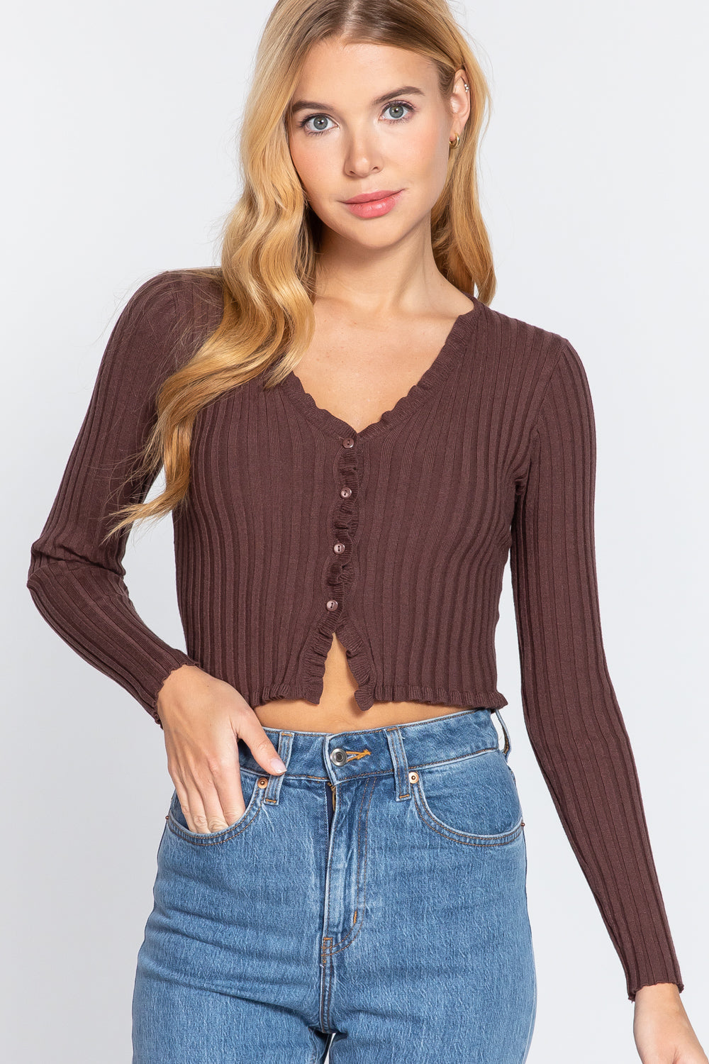 Active USA - Long Slv Ruffle Rib Sweater Cardigan - SW13186