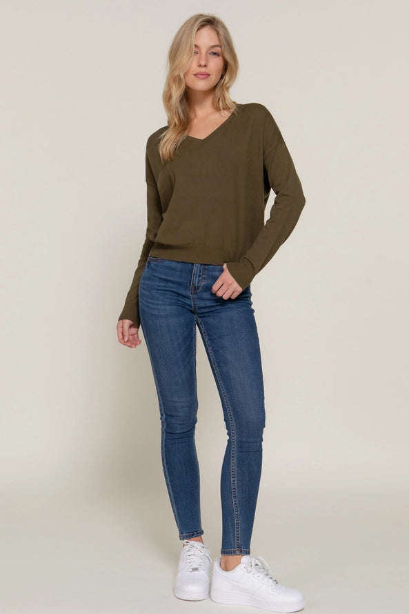 Active USA - Long Sleeve V-Neck Back Cross Strap Viscose Sweater - SW11905