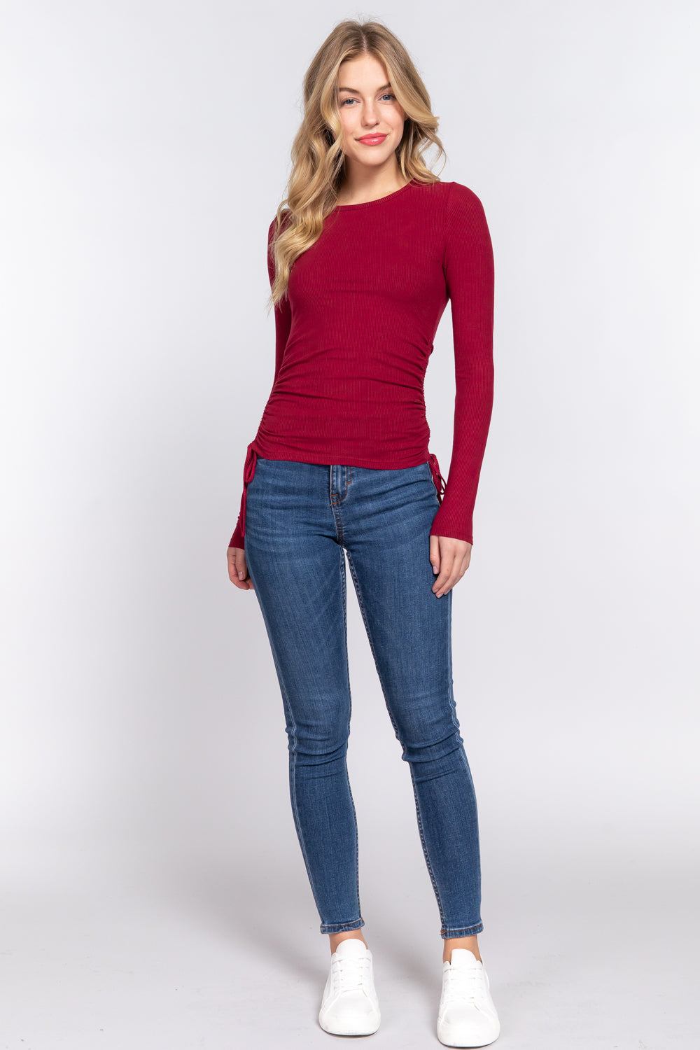 Long Sleeve  Ruched Rib Knit Top - T13689