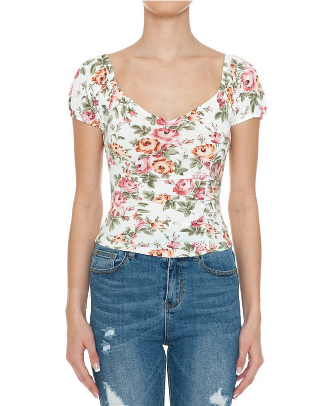 Ambiance - Floral Print Sweatheart Short Sleeve Top - 74183-1