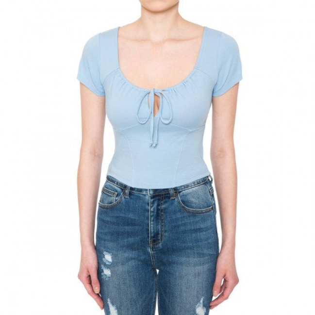 Women Ambiance Keyhole Short Sleeve Crop Tops - 73382