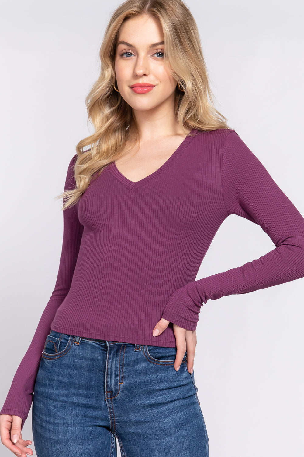 Long Sleeve V-Neck Rib Crop Knit Top - T12591