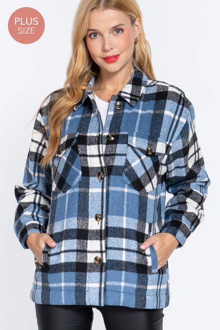 Active USA -Women's PLUS Inner Faux Fur Brushed Plaid Jacket Plus - J72524