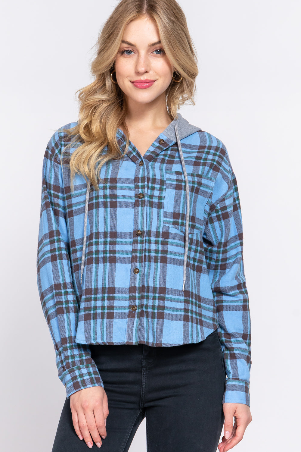 Active USA - Long Slv Hoodie Plaid Shirt - T13581