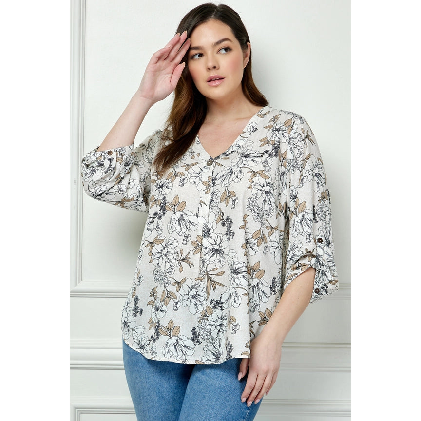Plus Size Vintage Floral Dream 3/4 Sleeve Blouse - G943151B11X