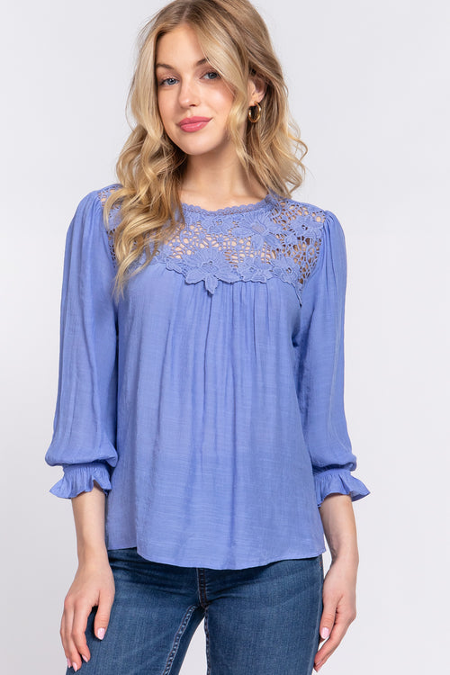 3/4 Sleeve Front Crochet Lace Panel Woven Top - T13690