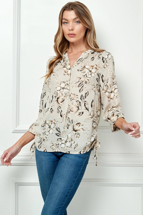 Cuff Sleeve Mandarin Collar Floral Shirt - G958977N33