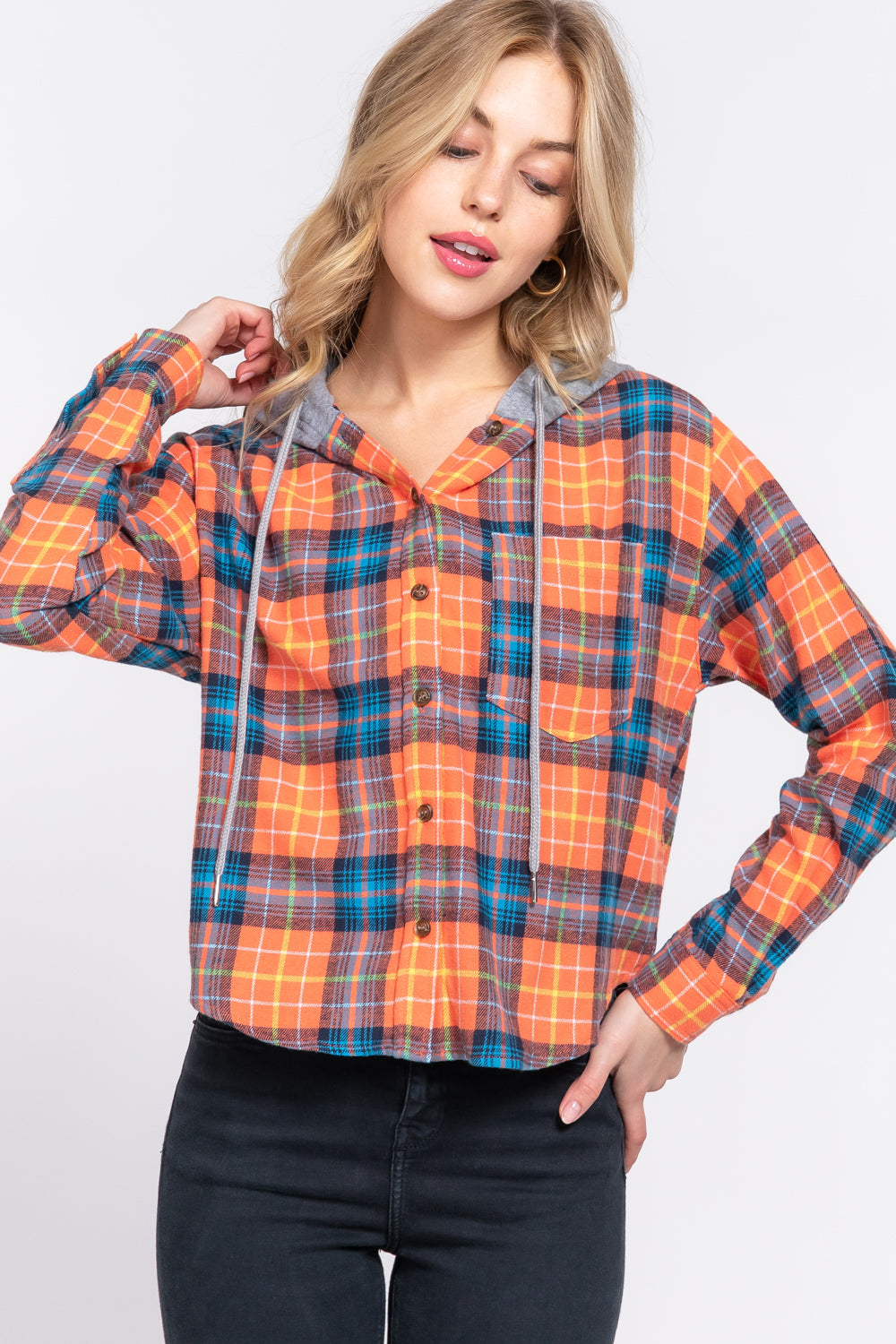 Active USA - Long Slv Hoodie Plaid Shirt - T13581