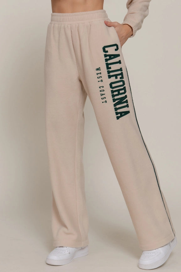Active USA - Wide Leg Piping Detail Fleece Pants with Embroidery - P14719