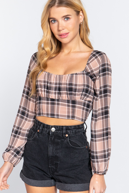Long Slv Plaid Print Woven Crop Top - T13218