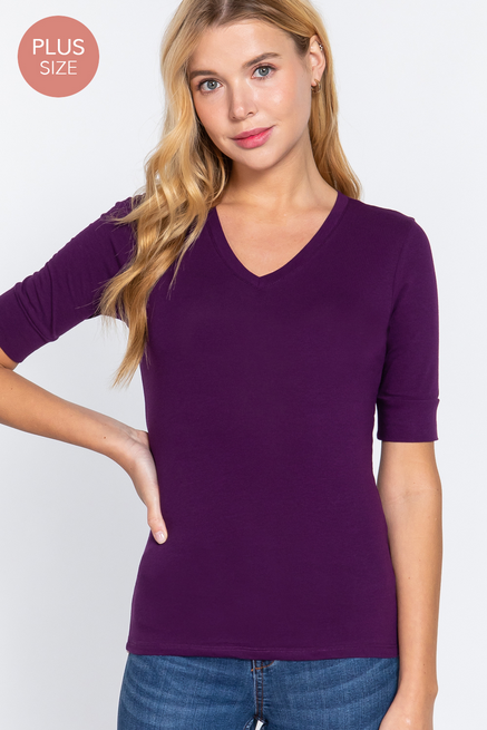 Active USA - Women's Elbow Sleeve V-Neck Top [Plus] - T6671 ULTRA PURPLE 1X