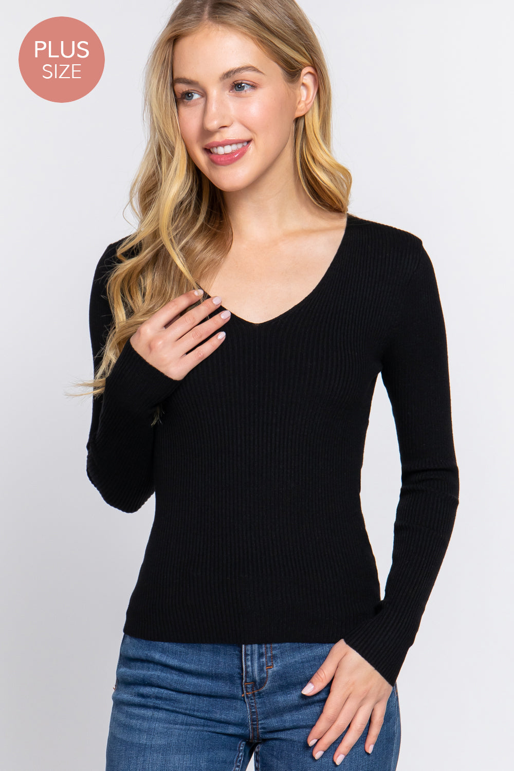 Active USA - Plus V-Neck Viscose Rib Sweater - SW71709