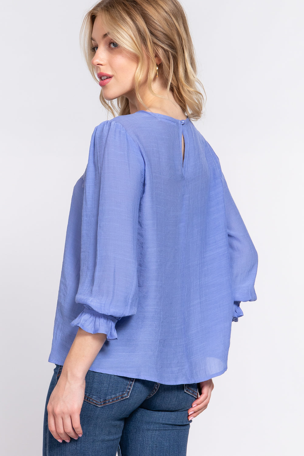 3/4 Sleeve Front Crochet Lace Panel Woven Top - T13690