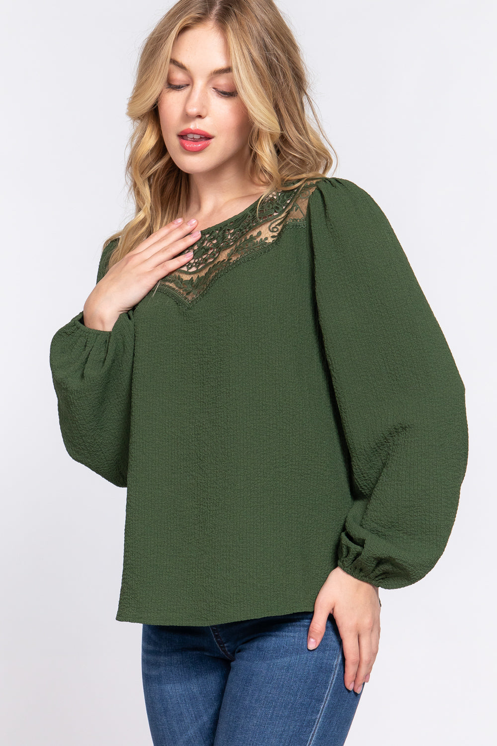 Active USA - Women's Crochet Lace Panel Woven Top - T13670