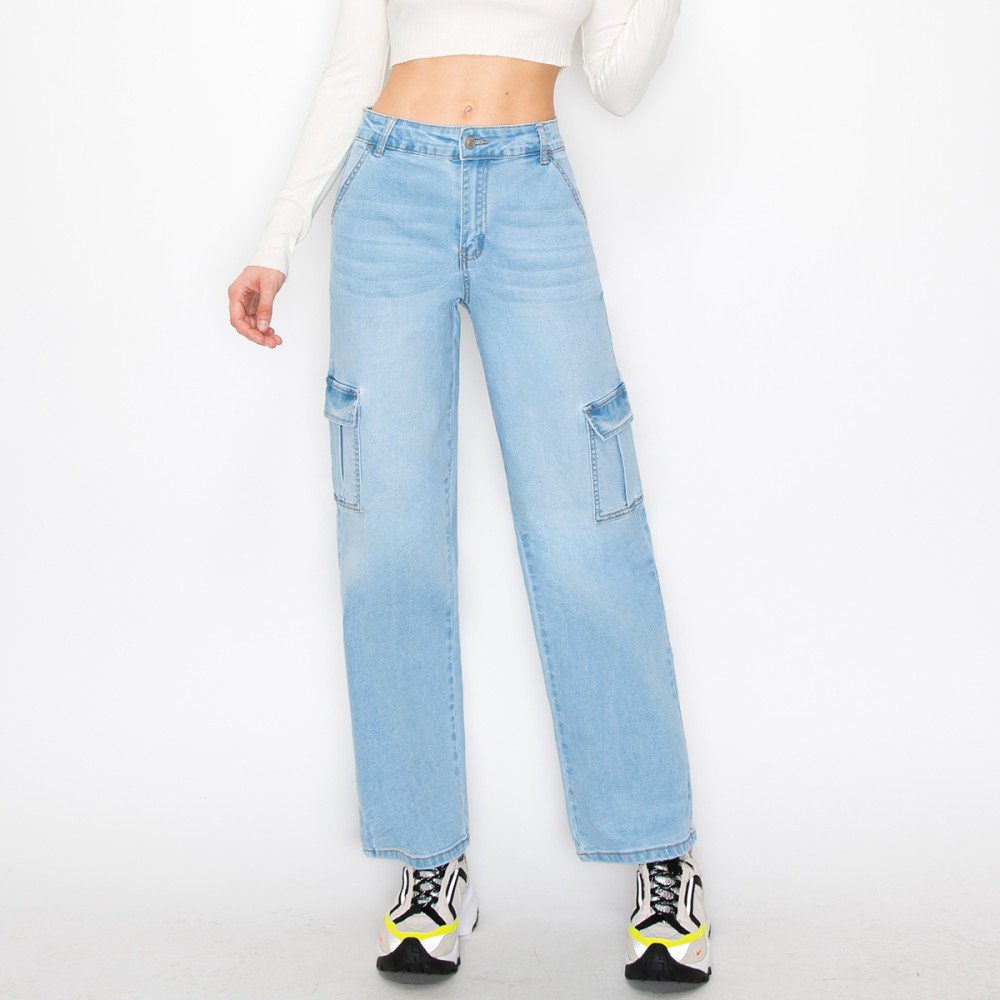 Wax Jean - Women's Cargo Long Denim Slanted Pocket Jean - 90337 