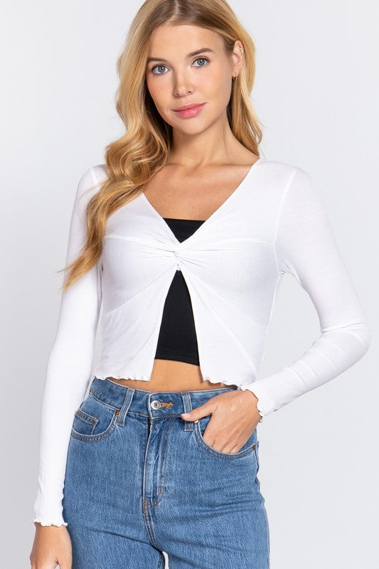 Active USA - Long Sleeve V-Neck Front Twisted Knit Top - T13284