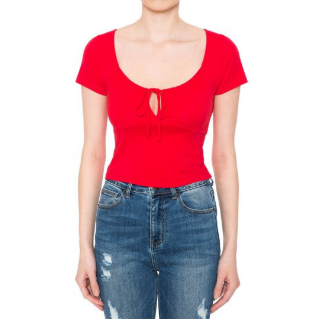 Women Ambiance Keyhole Short Sleeve Crop Tops - 73382