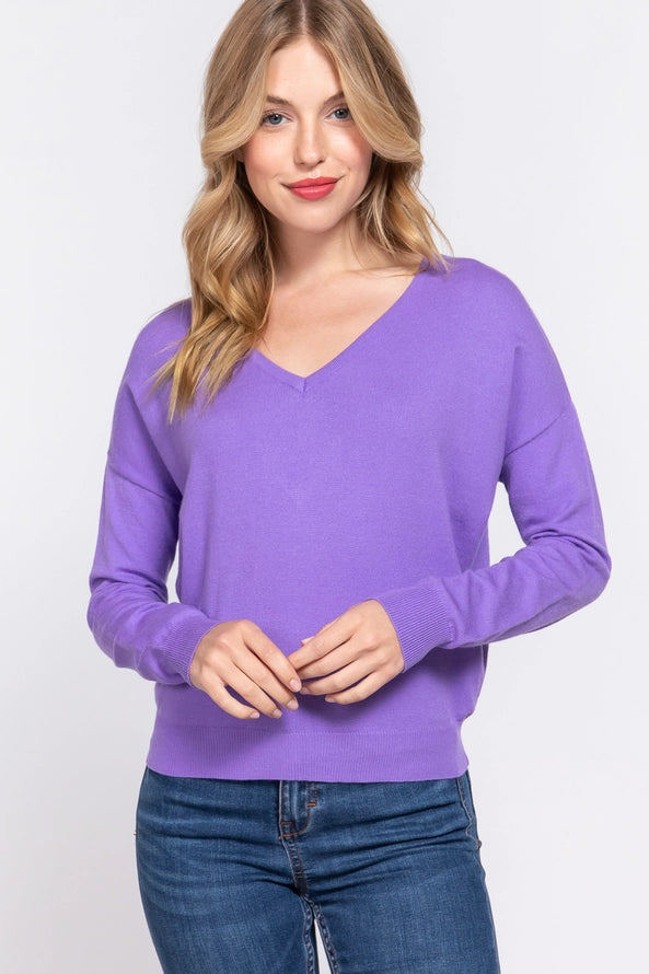 Active USA - Long Sleeve V-Neck Back Cross Strap Viscose Sweater - SW11905