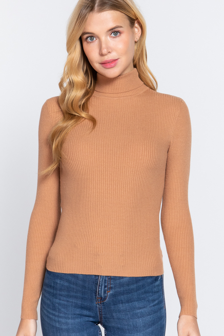 Active USA - Turtle Neck Viscose Rib Sweater - SW11710 KHAKI S