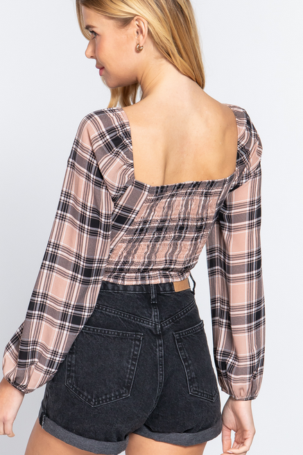 Long Slv Plaid Print Woven Crop Top - T13218