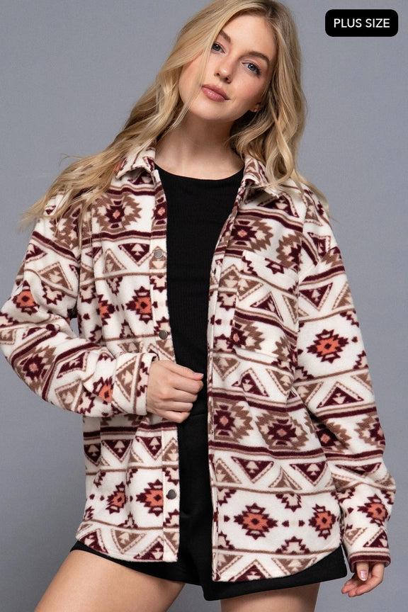  Long Sleeve Printed Fleece Shacket [Plus Size] - J74024