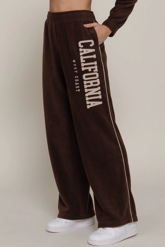Active USA - Wide Leg Piping Detail Fleece Pants with Embroidery - P14719