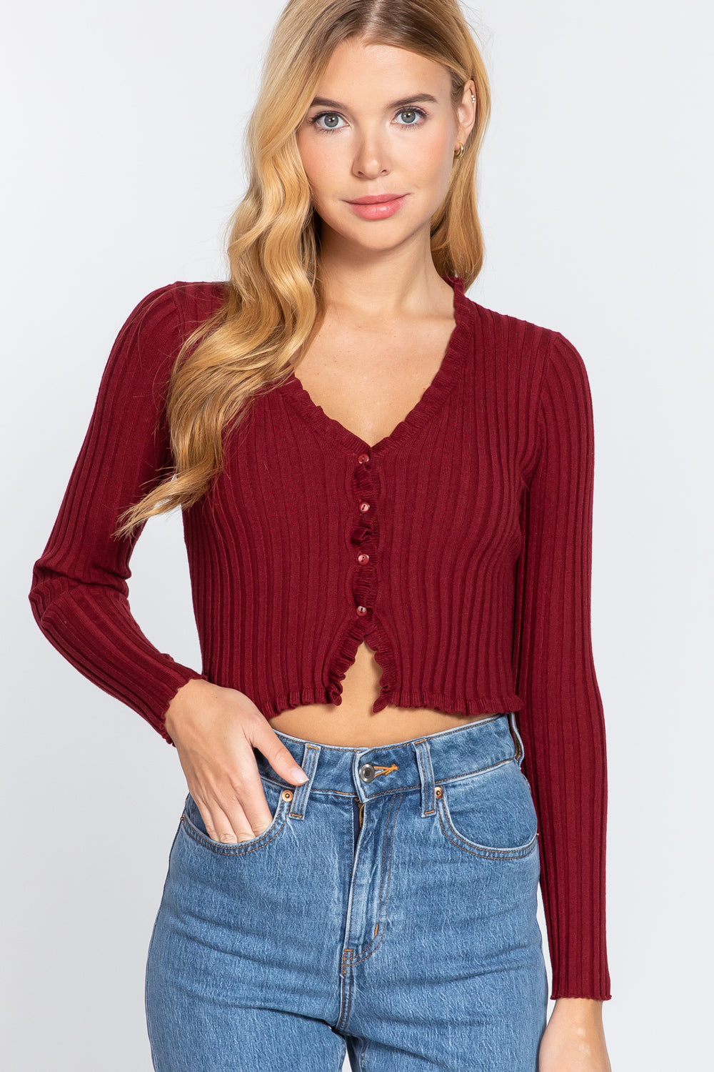 Active USA - Long Slv Ruffle Rib Sweater Cardigan - SW13186