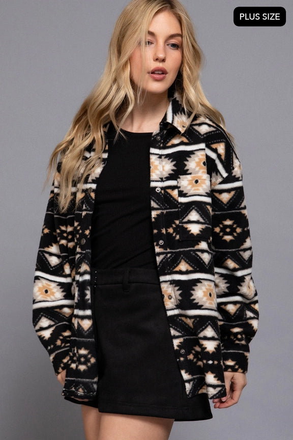  Long Sleeve Printed Fleece Shacket [Plus Size] - J74024