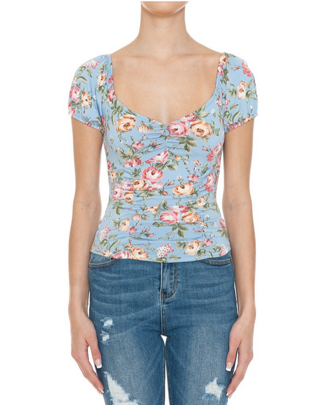 Ambiance - Floral Print Sweatheart Short Sleeve Top - 74183-1