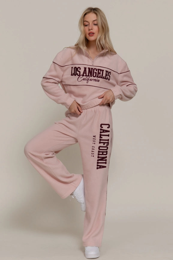 Active USA - Wide Leg Piping Detail Fleece Pants with Embroidery - P14719