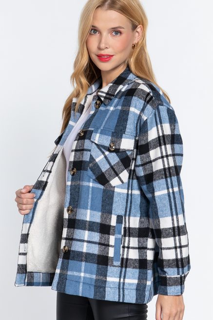 Active USA -Women's PLUS Inner Faux Fur Brushed Plaid Jacket Plus - J72524
