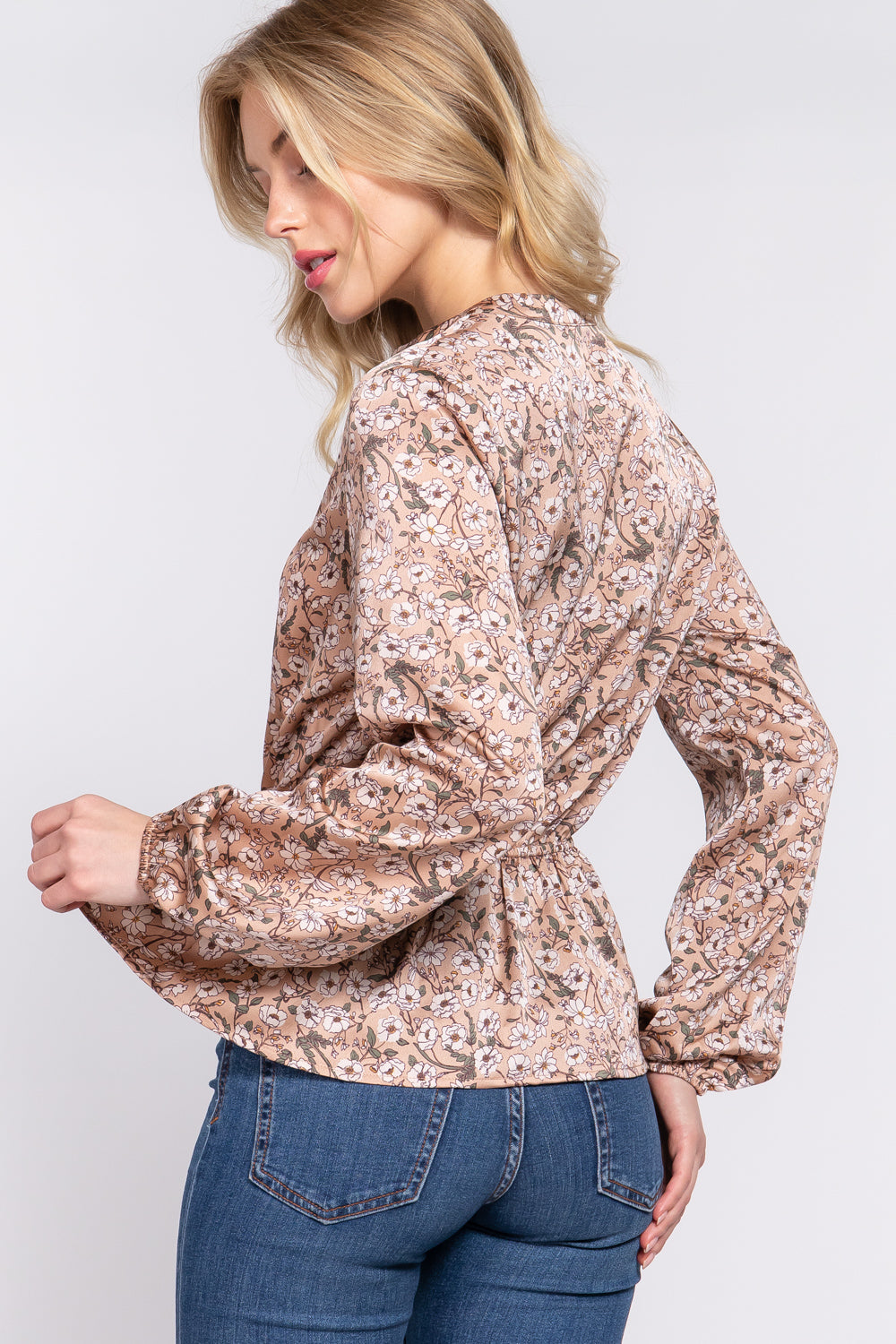 Elastic Waist Print Satin Blouse - T13622