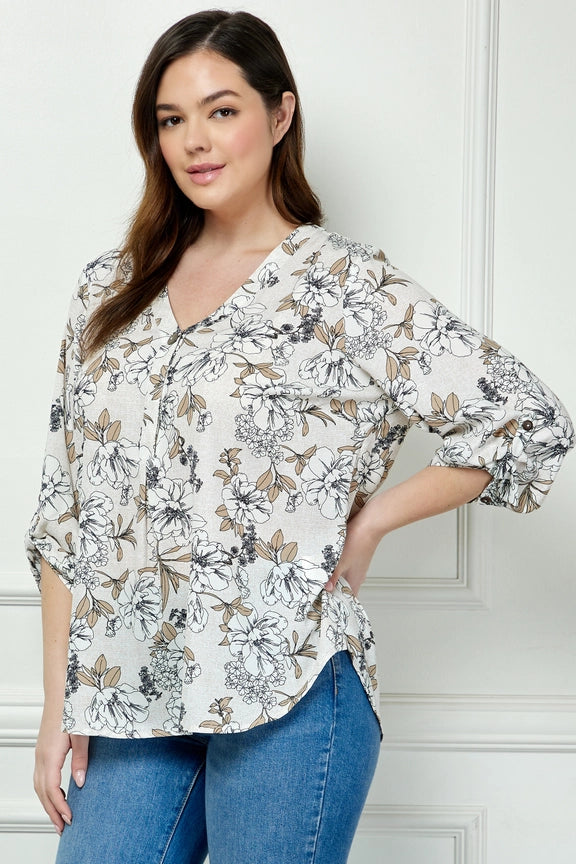 Plus Size Vintage Floral Dream 3/4 Sleeve Blouse - G943151B11X
