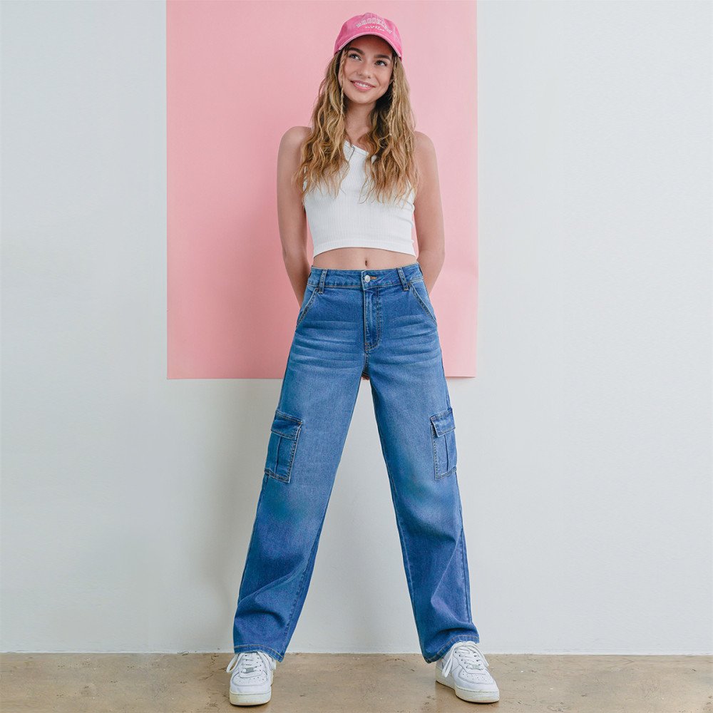 Wax Jean - Women's Cargo Long Denim Slanted Pocket Jean - 90337 