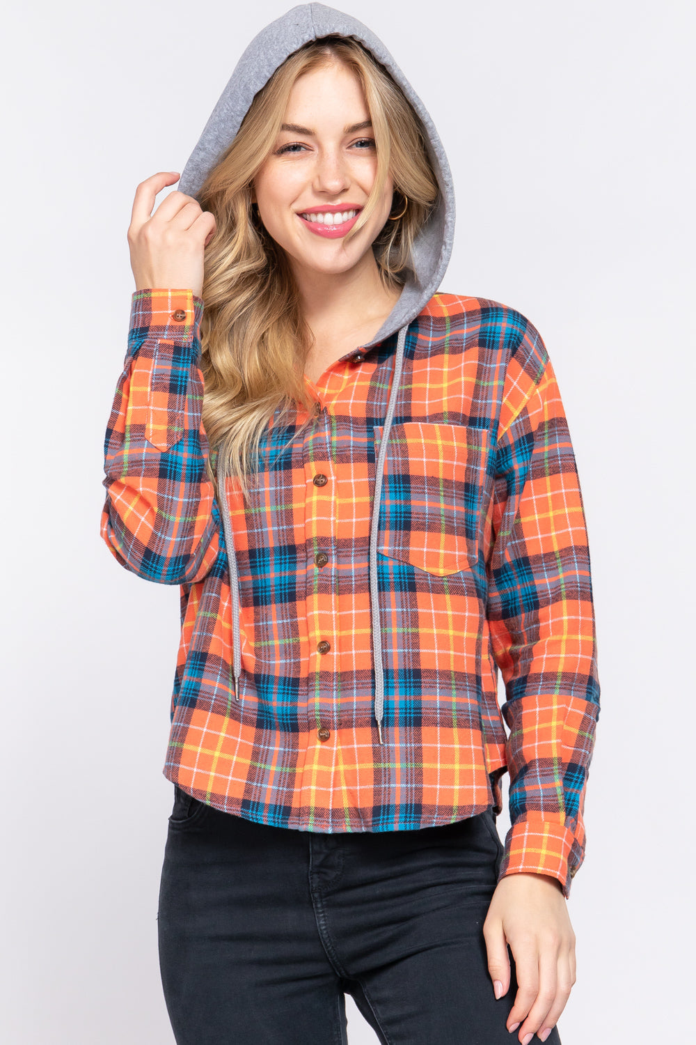 Active USA - Long Slv Hoodie Plaid Shirt - T13581