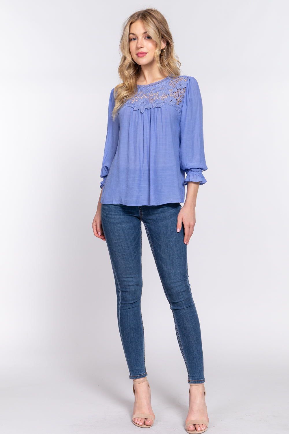 3/4 Sleeve Front Crochet Lace Panel Woven Top - T13690