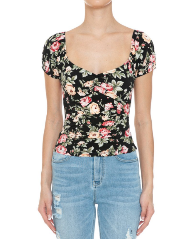 Ambiance - Floral Print Sweatheart Short Sleeve Top - 74183-1