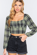 Long Slv Plaid Print Woven Crop Top - T13218