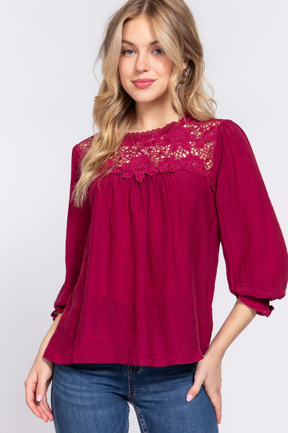 3/4 Sleeve Front Crochet Lace Panel Woven Top - T13690