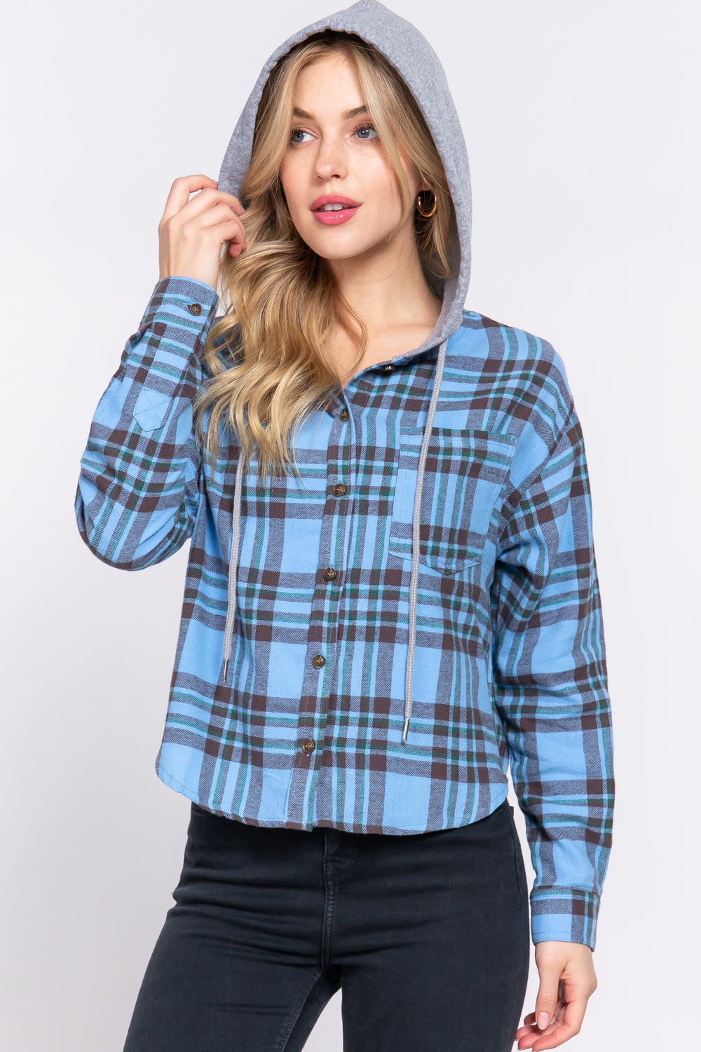 Active USA - Long Slv Hoodie Plaid Shirt - T13581