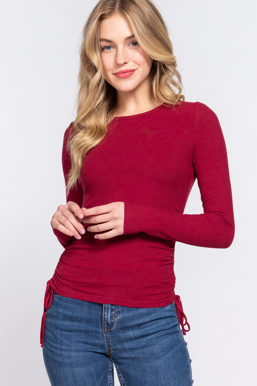 Long Sleeve  Ruched Rib Knit Top - T13689