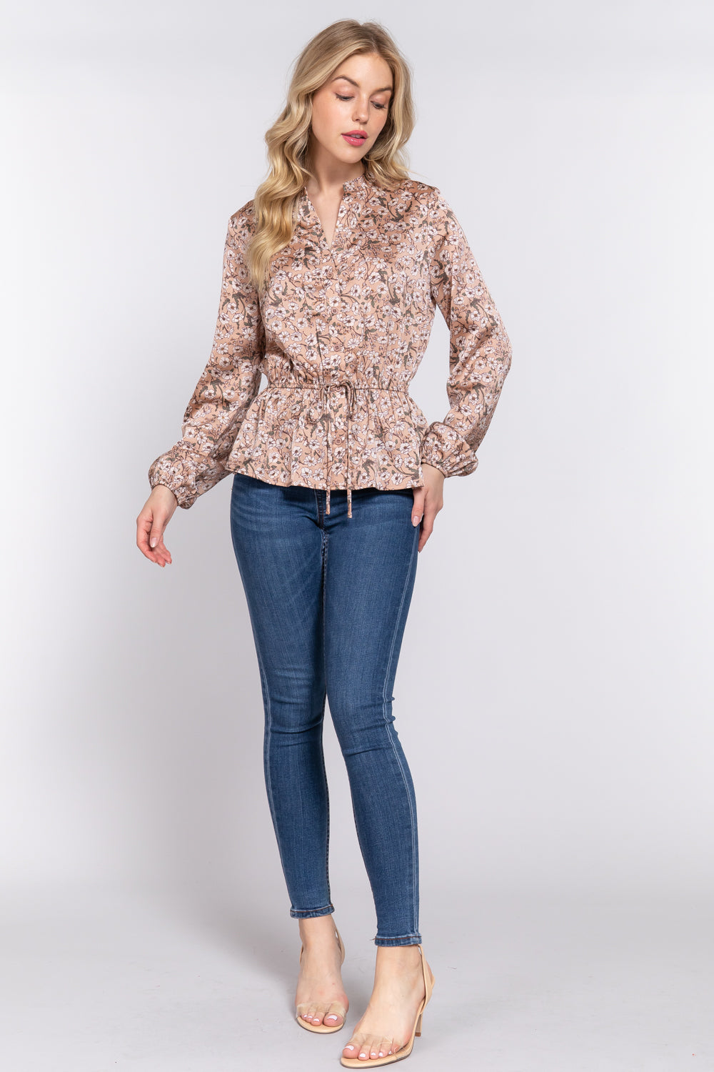 Elastic Waist Print Satin Blouse - T13622