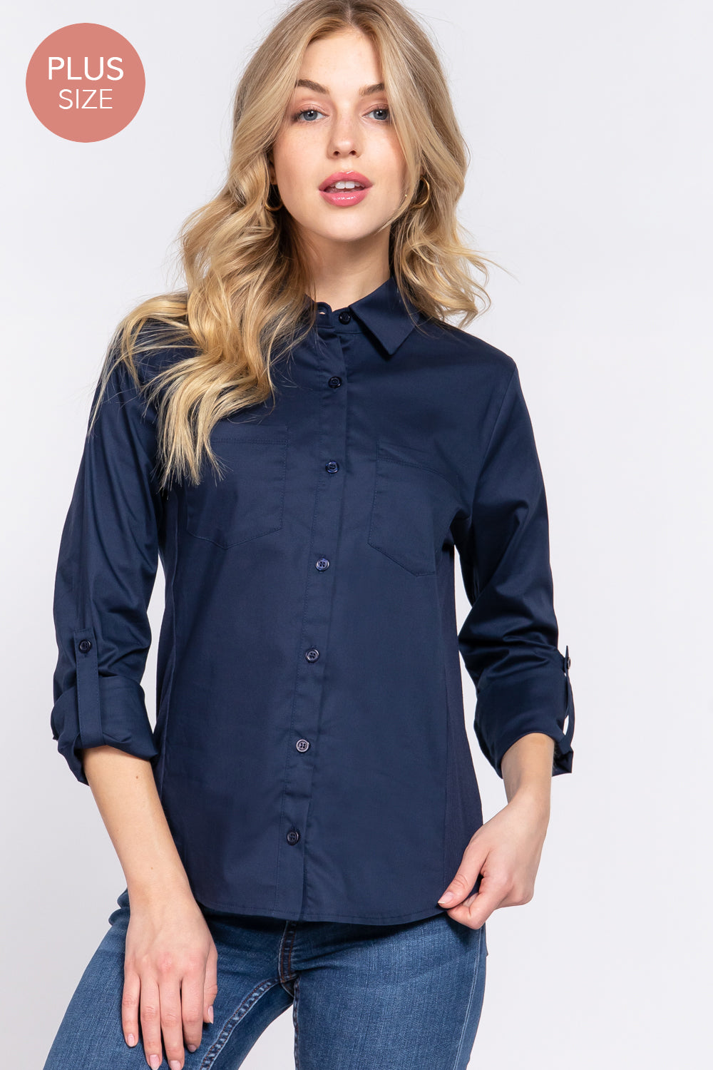 Active USA - (Plus) 3/4 Roll Up Slv Stretch Shirt - T73463