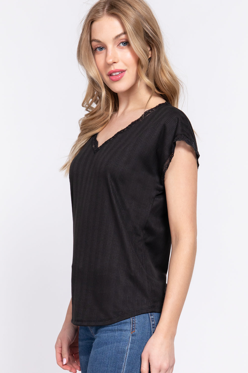 Active USA - Women’s Dolman Sleeve  V-Neck Lace Top  -T13466